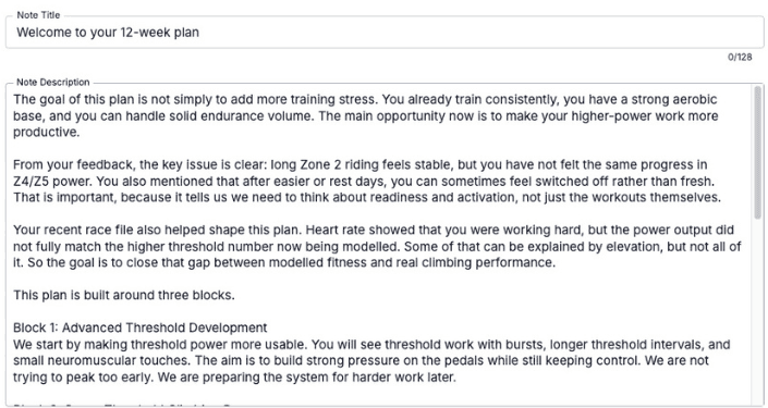 A real SEMIPRO plan note inside TrainingPeaks, showing Damian's written diagnosis and the three training blocks the plan is built around.