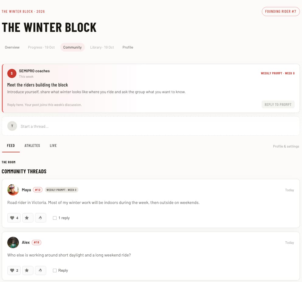 The Winter Block Community with a weekly prompt and rider threads.